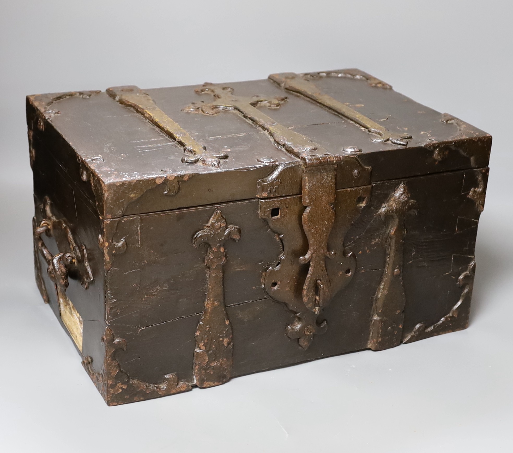 A French Louis XIV “Coffer Fort” kingwood and ironbound strong box, c.1700, 39 cms wide x 22 cms high